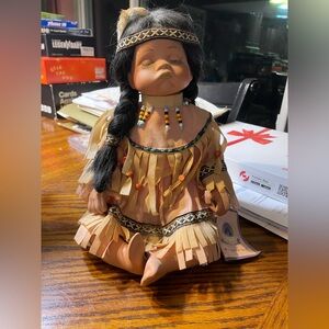 Vintage Native American Porcelain Doll with Beaded Dress